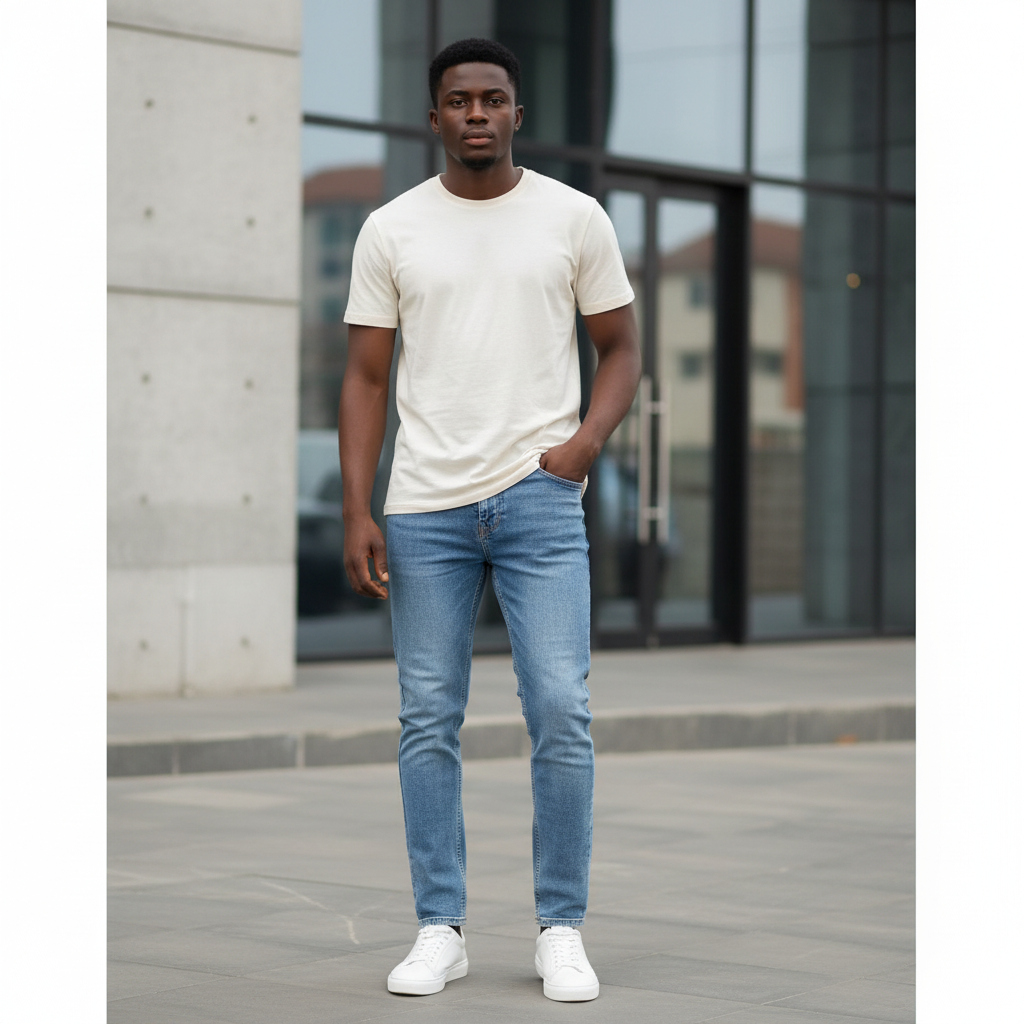 Young Nigerian male model wearing light blue slim denim jeans