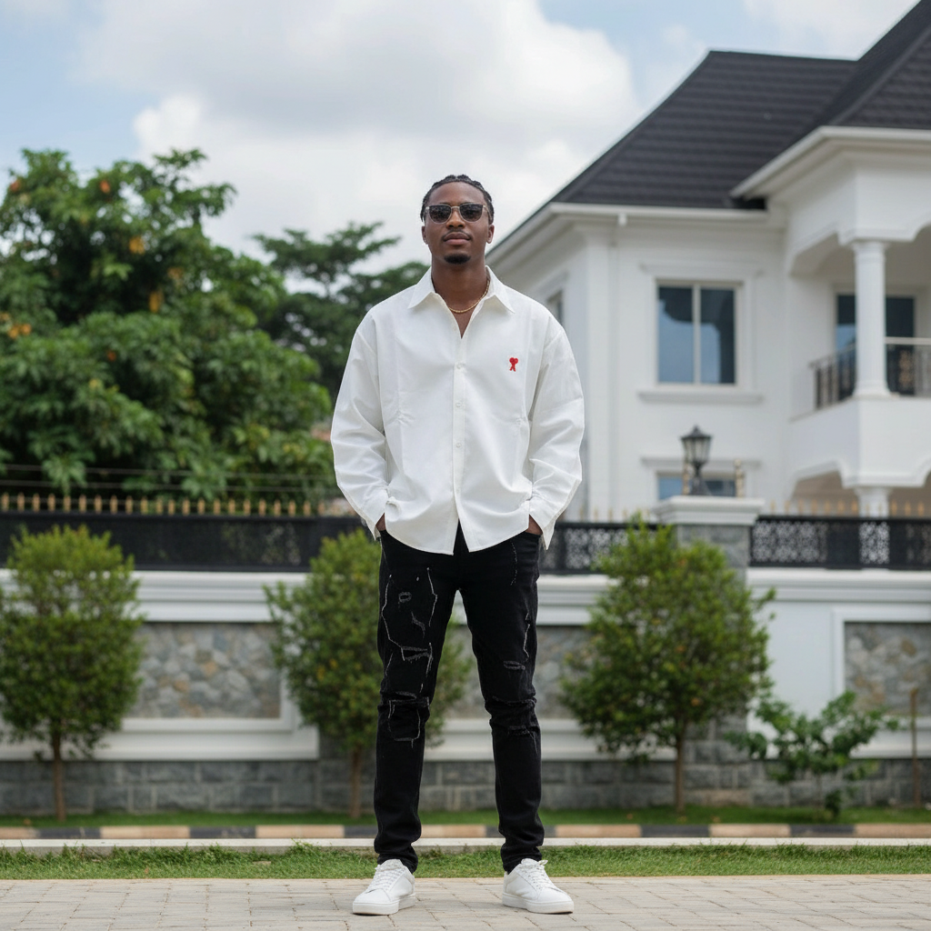 Men's White Heart Logo Long Sleeve Shirt – Nigerian Male Model Shot