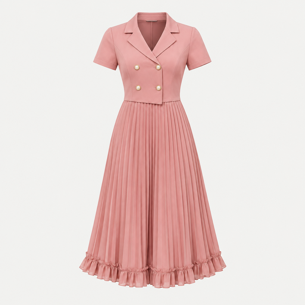 Ghost mannequin view of a dusty rose pleated midi gown with a double-breasted bodice and ruffle hem