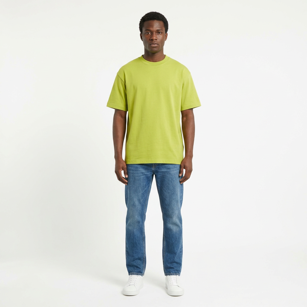 Full-body Black adult model wearing a plain lime-green T-shirt