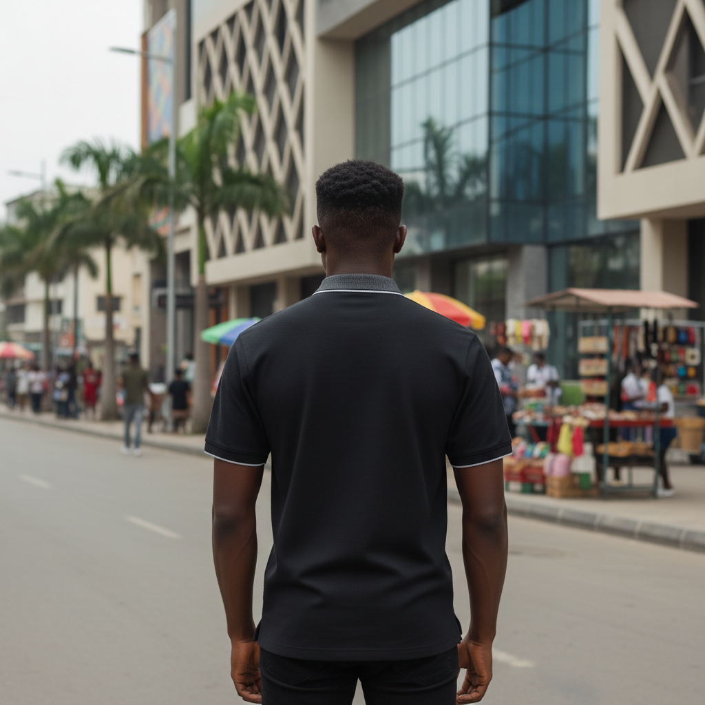 Young Nigerian male model wearing black polo shirt, back view, Nigerian urban background