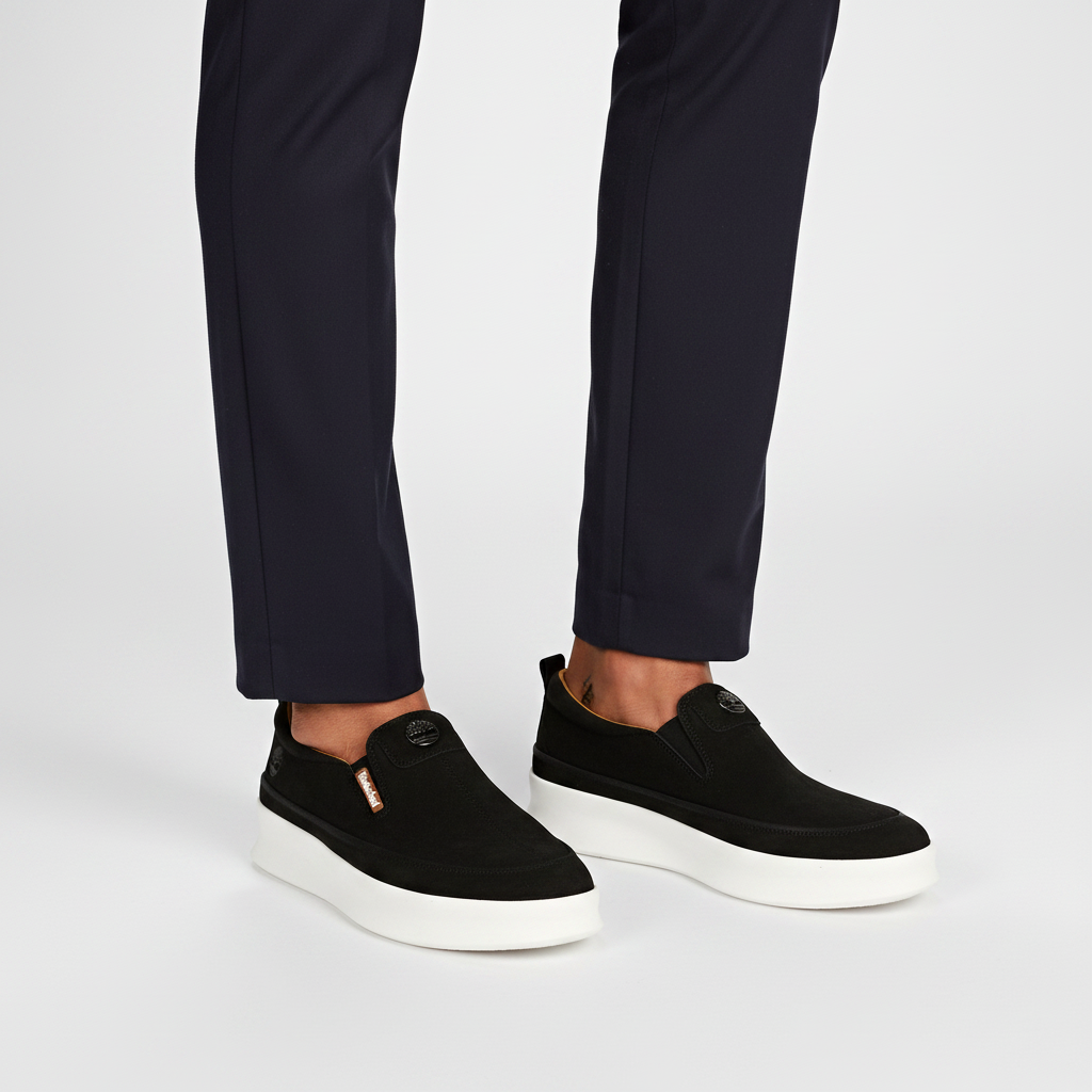 Close-up leg focus of men's black suede slip-on sneakers with dark navy trouser hem