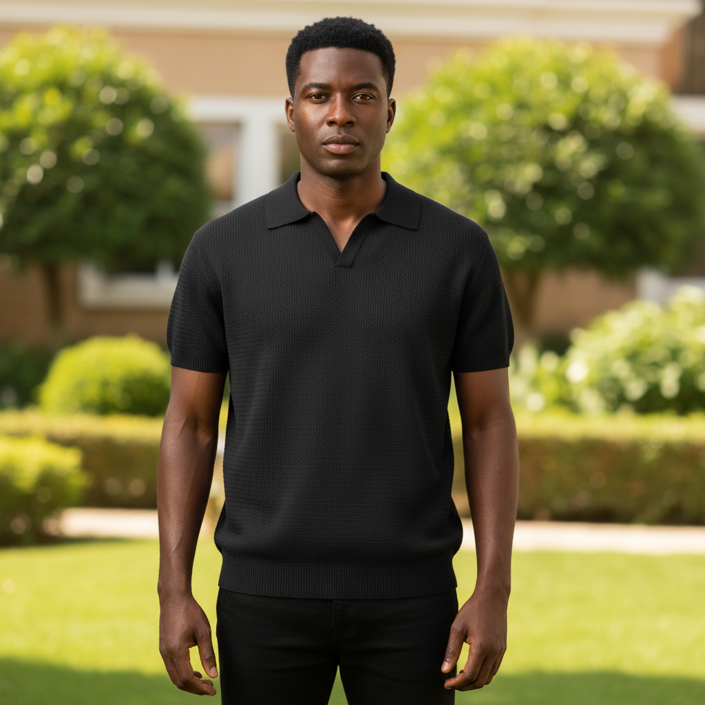Black Open-Collar Knit Polo – Nigerian male model front view