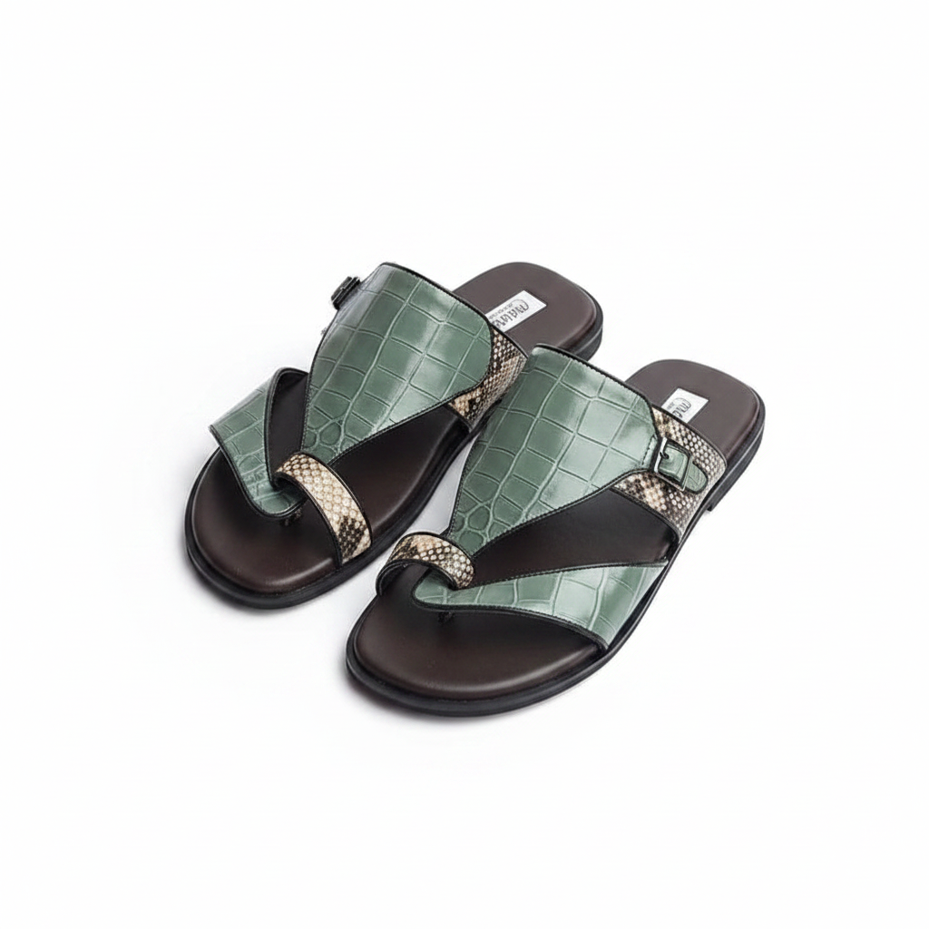 Men's sage green croc leather thong slide sandals ghost mannequin pair view