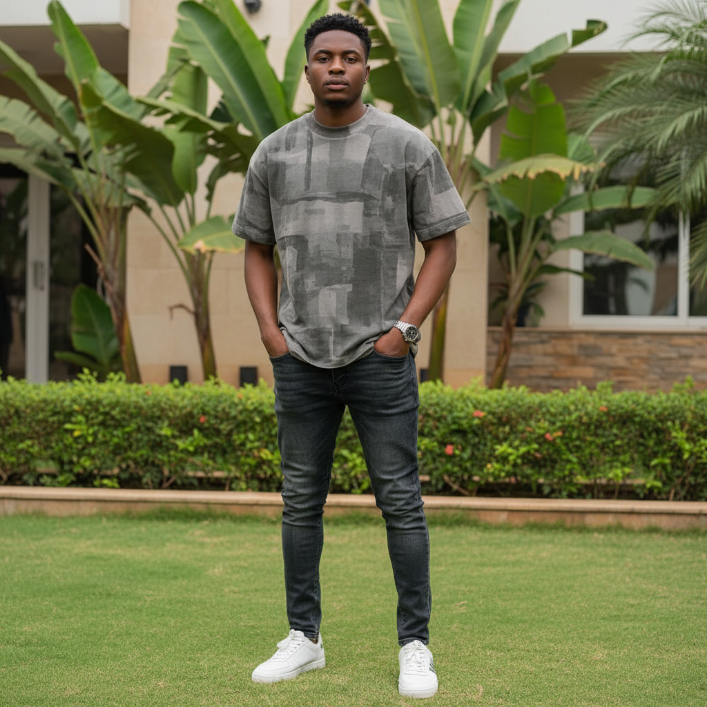 Nigerian male model wearing men's grey camo brushstroke print shirt