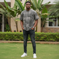 Nigerian male model wearing men's grey camo brushstroke print shirt