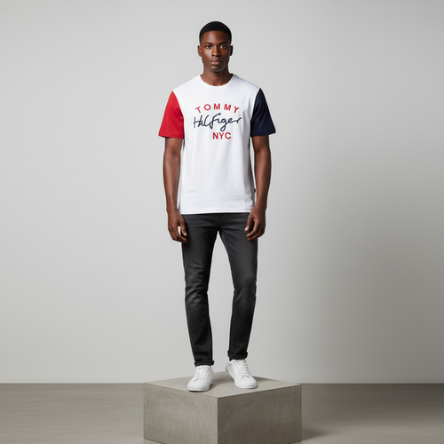 White Red Navy Colour-Block Short-Sleeved Shirt - Model Front