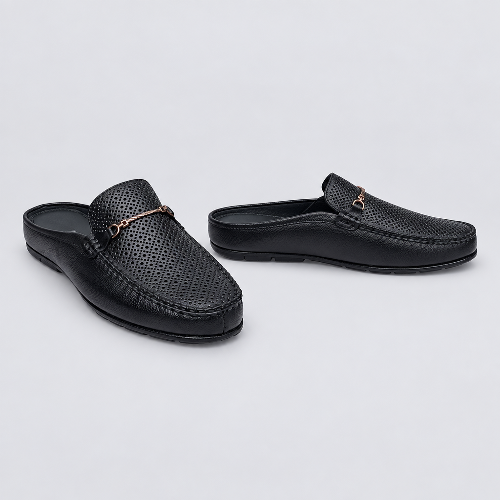 Men's black perforated bit backless mule slippers, front and side view