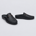 Men's black perforated bit backless mule slippers, front and side view