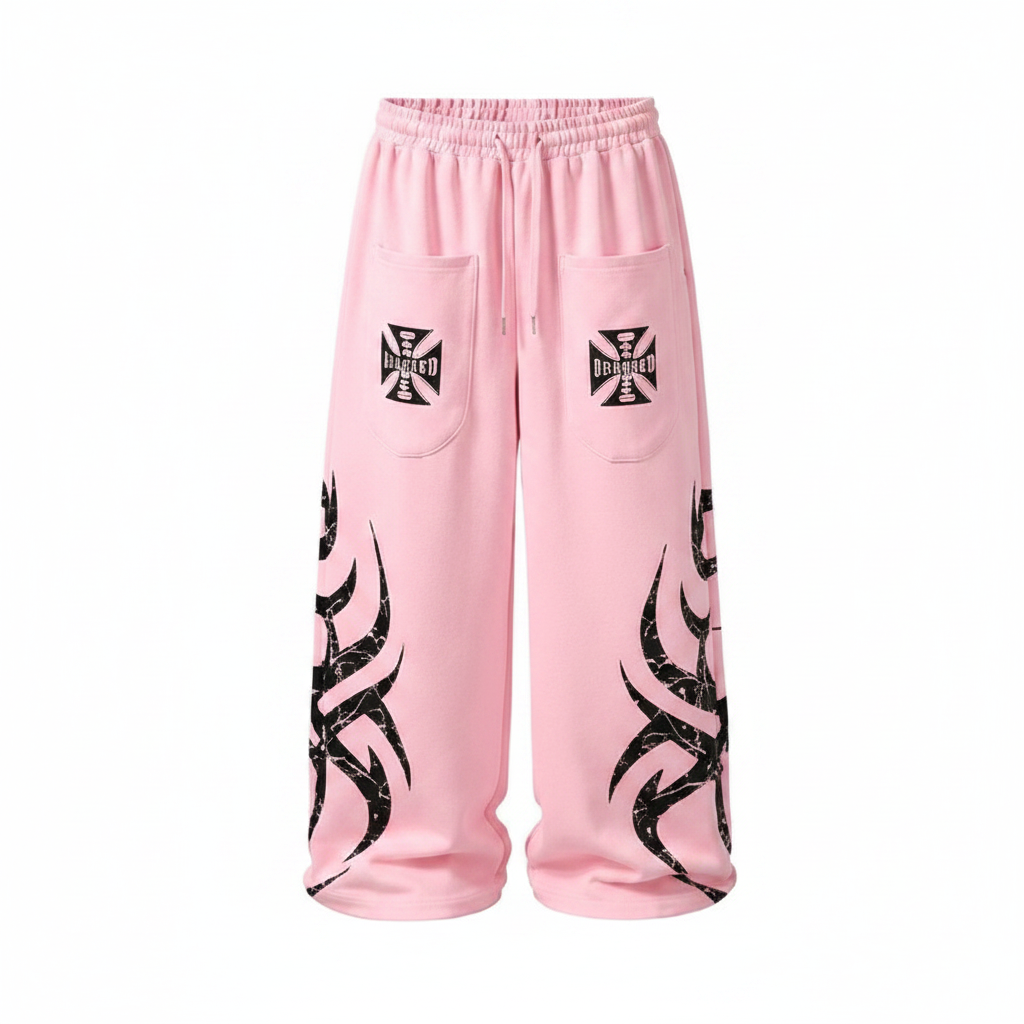 Men's Pink Tribal Flame Print Wide-Leg Sweatpants – Ghost Mannequin Front View