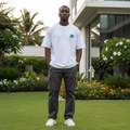 Nigerian male model wearing white diamond gem illustrated graphic tee – front view