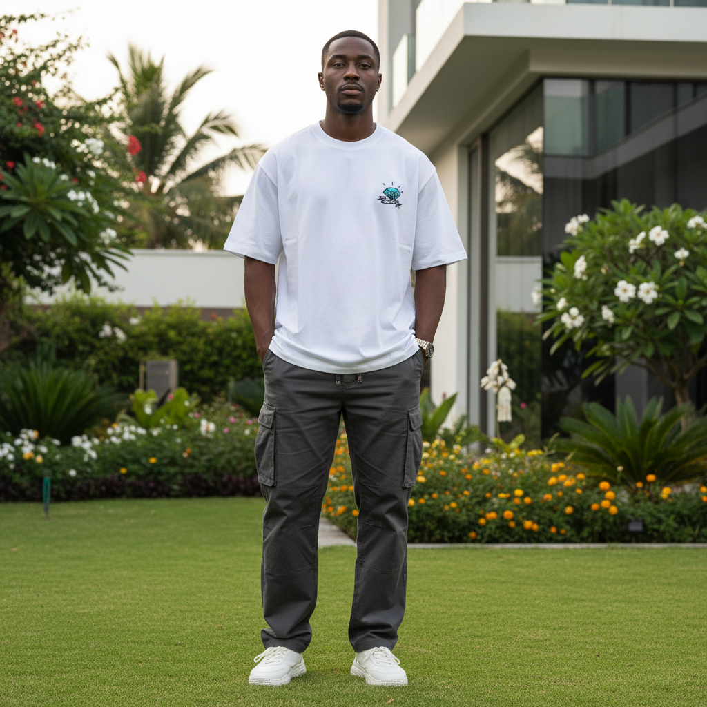 Nigerian male model wearing white diamond gem illustrated graphic tee – front view