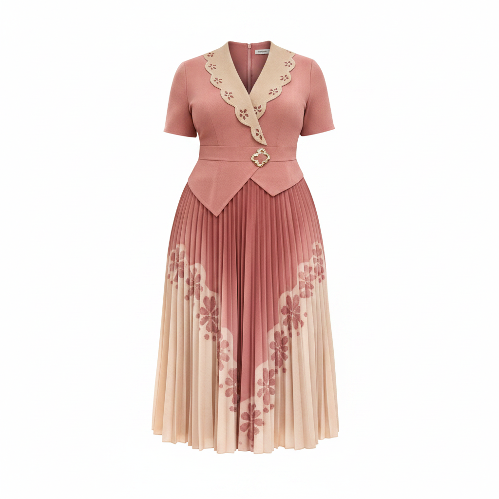 Women's Dusty Rose Ombré Floral Pleated Midi Skirt Suit Set - Ghost Mannequin Front View