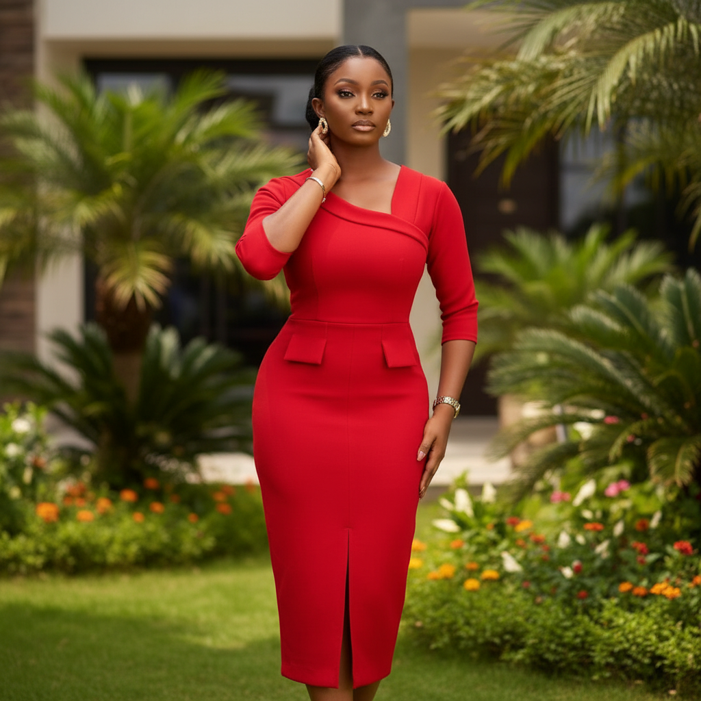 Women's Red 3/4 Sleeve Peplum Bodycon Midi Dress