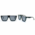 Unisex oversized flat-top square sunglasses with black frame, gold inner bar accent and dark grey lenses – front and side ghost mannequin view on white background
