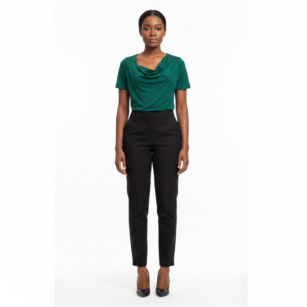 Forest Green Draped Cowl Neck Short Sleeve Top – Model Shot