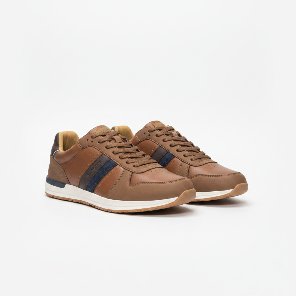 Men's tan leather lace-up sneakers with navy stripe panel pair product shot