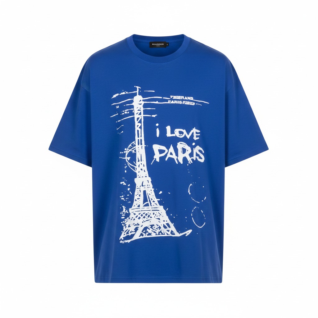 Unisex royal blue Paris sketch graphic tee – ghost mannequin front view