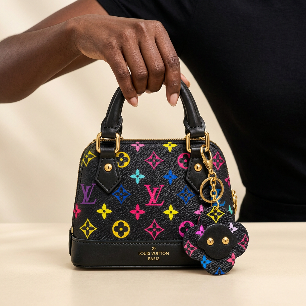 AI-generated hand-focused view of a black multicolour dome handbag with flower pouch