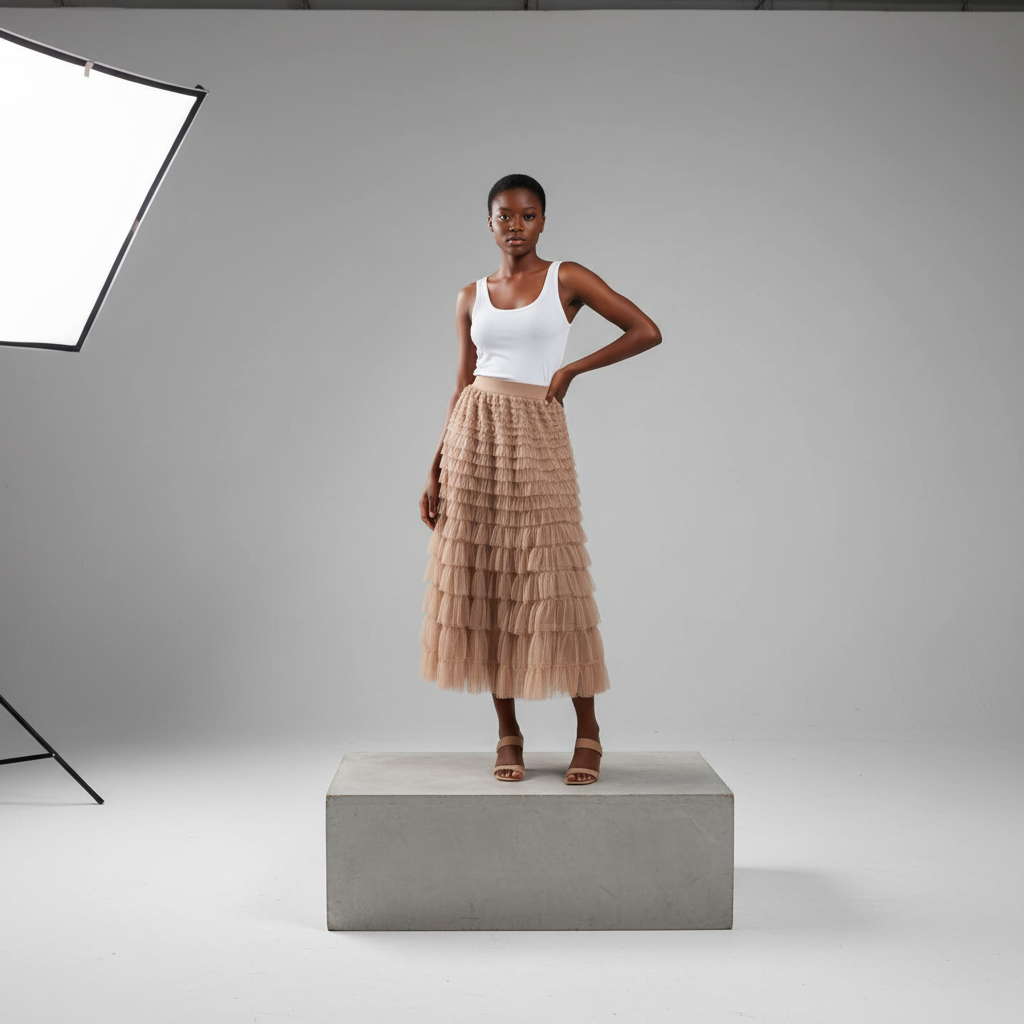 Beige Tiered Ruffle Midi Skirt - Model Shot