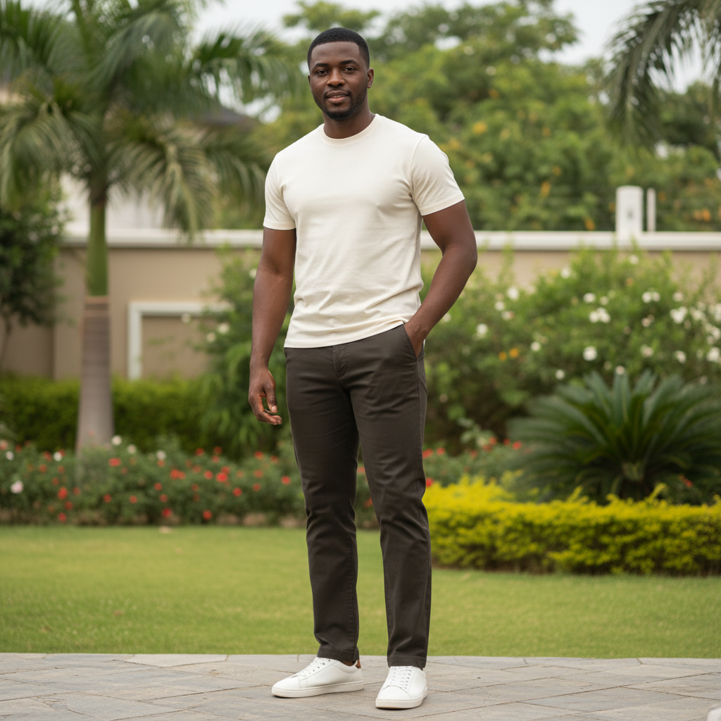 Nigerian male model wearing men's dark brown chinos trousers