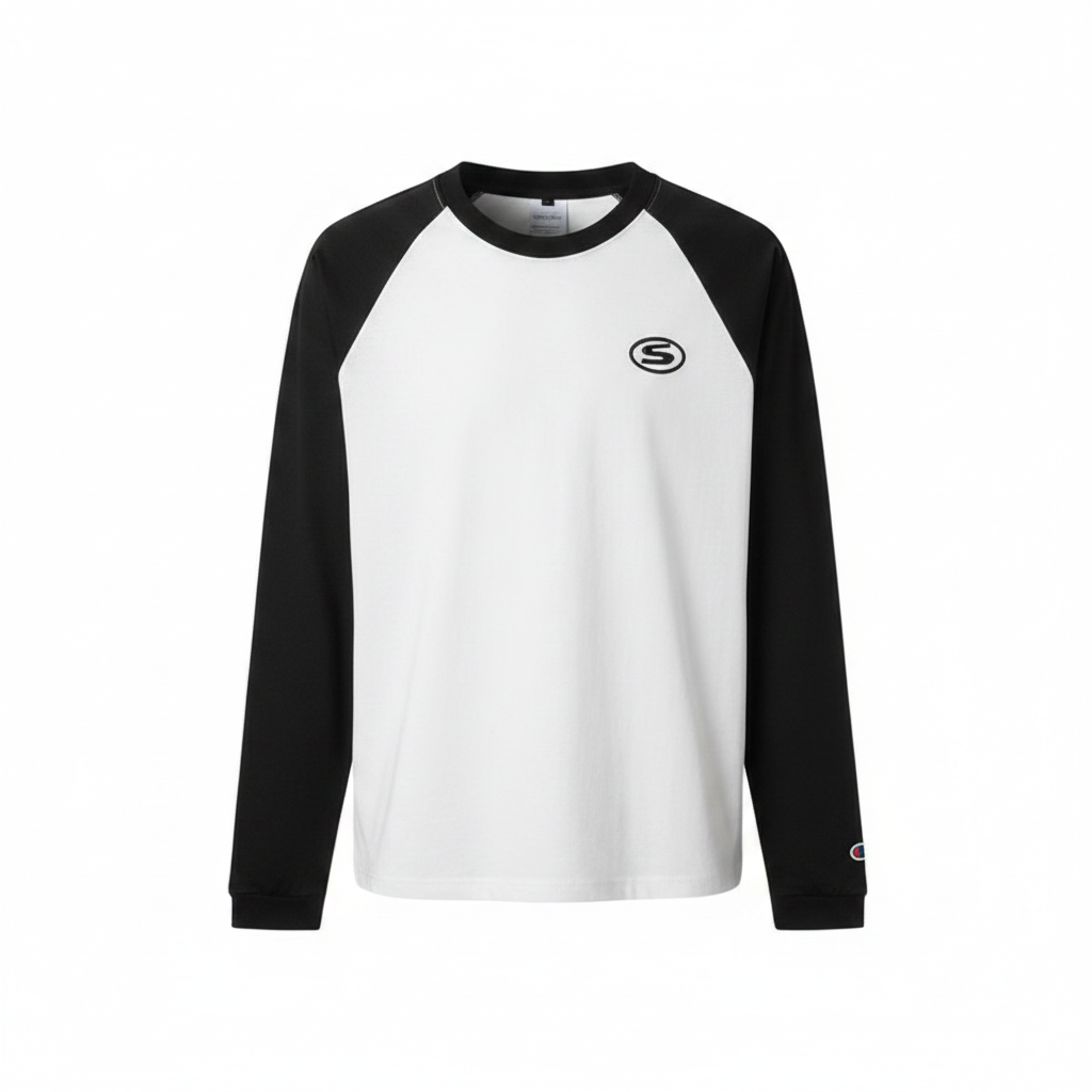 Men's Raglan Long Sleeve Shirt – Ghost Mannequin Black Sleeves Front View