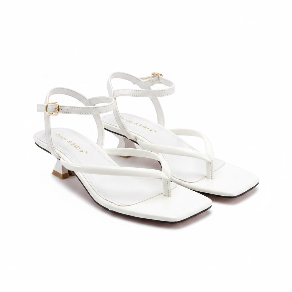 Ghost mannequin pair view of white square toe kitten heel thong sandals