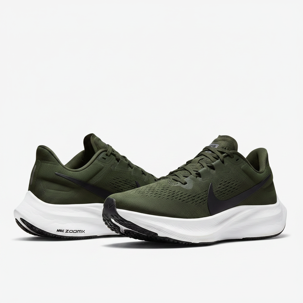 Nike ZoomX olive green and white running sneaker ghost mannequin product shot, plain white background