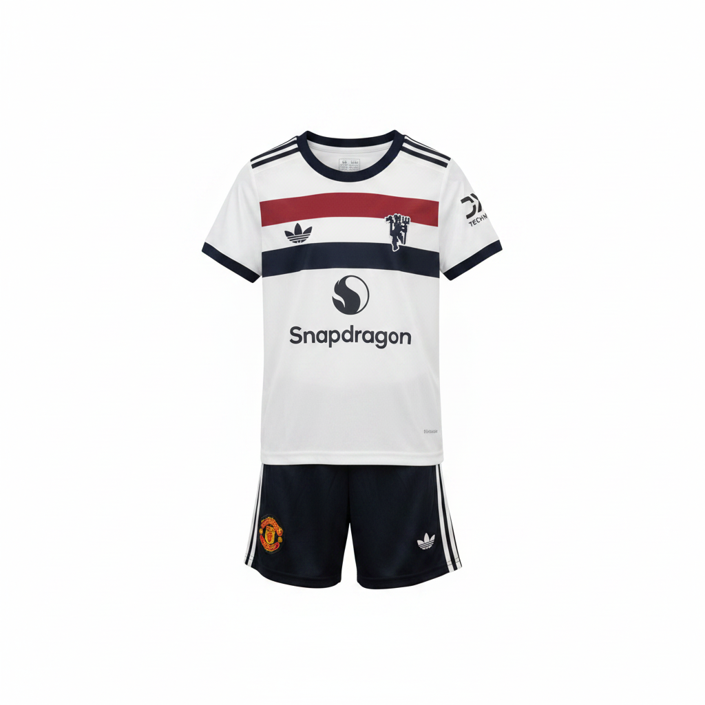 Manchester United FC kids away kit ghost mannequin — white Adidas Originals jersey with navy chest band and black shorts