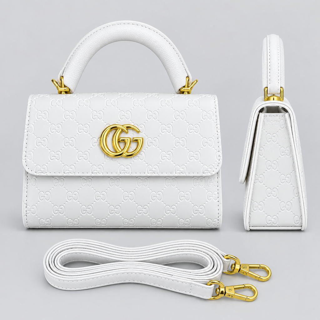 White embossed handbag front and side views with matching strap