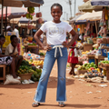 Young Nigerian girl model wearing rhinestone lace flare jeans