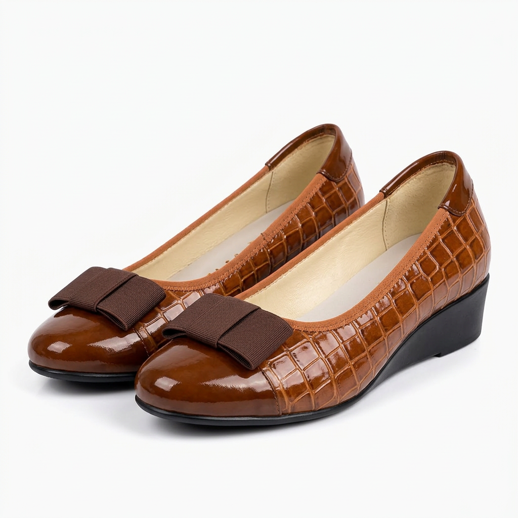 Matching cognac brown croc-embossed wedge shoes with dark brown bows
