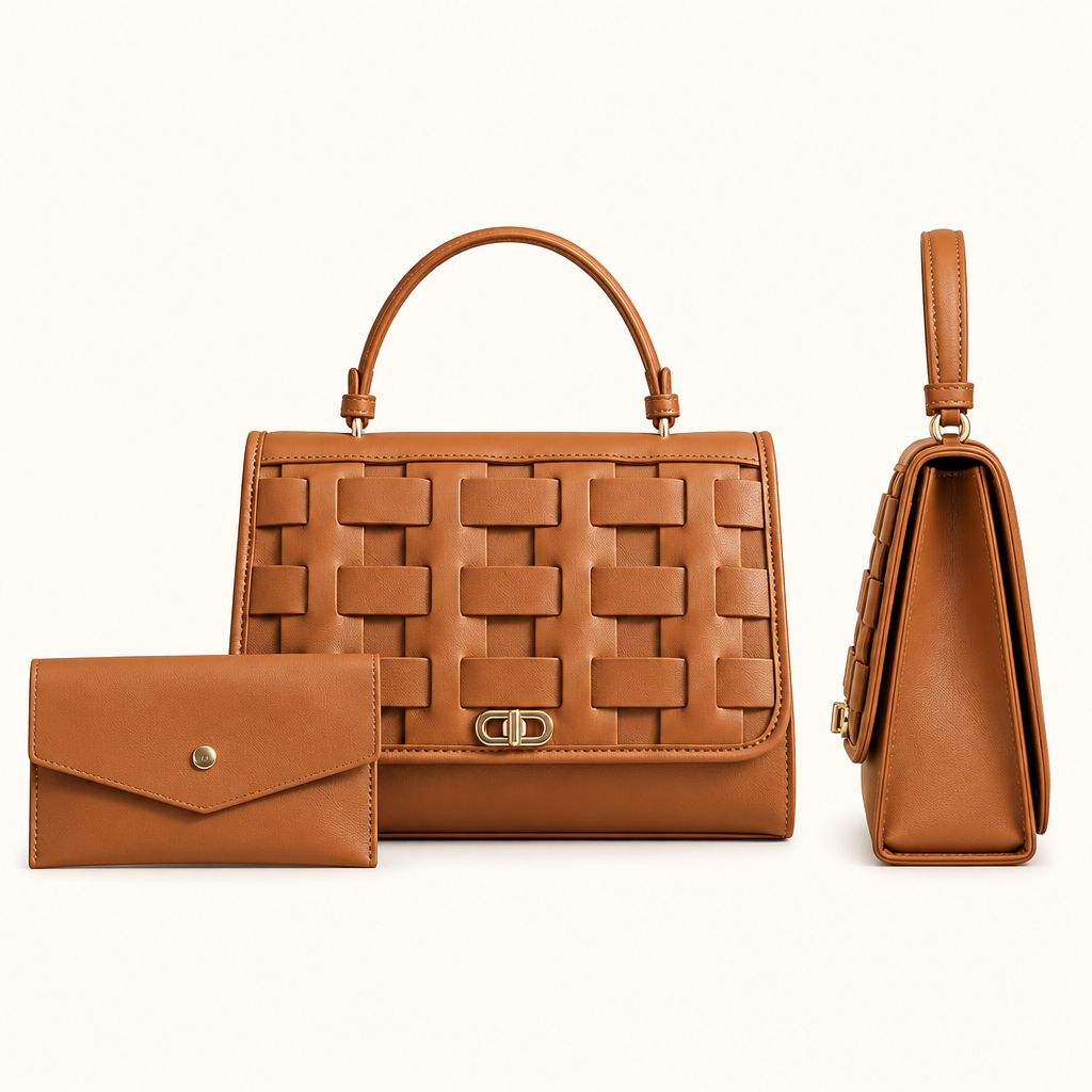 Cognac woven-panel structured handbag with matching envelope pouch, front and side views