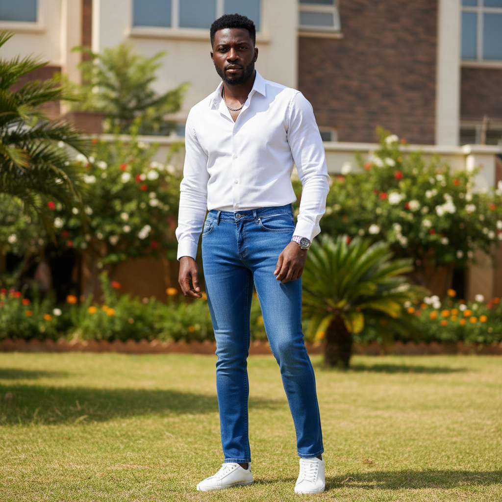 Nigerian male model wearing men's bright blue stretch slim jeans - front view