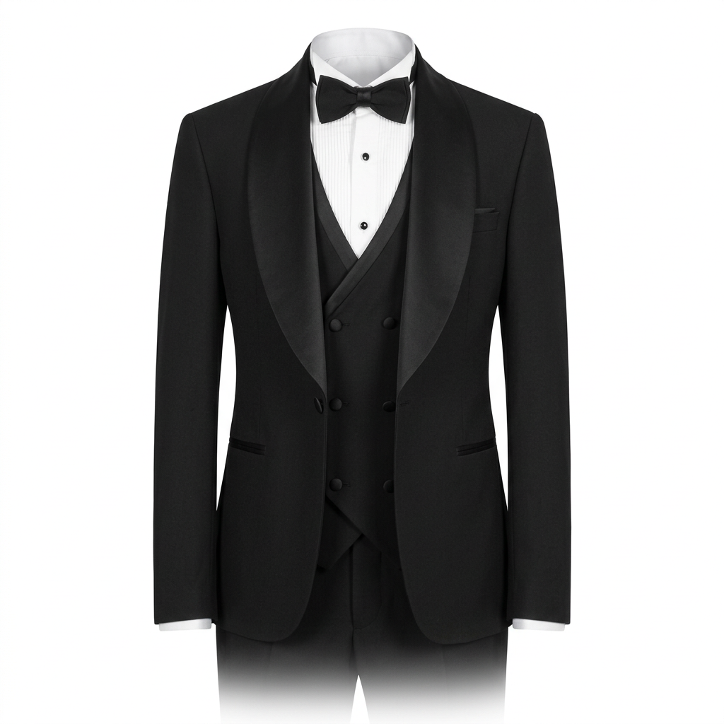 Black shawl-collar formal suit and crossover waistcoat on an invisible mannequin