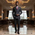 Young Nigerian male model wearing charcoal pinstripe double-breasted suit with gold eagle lapel pin