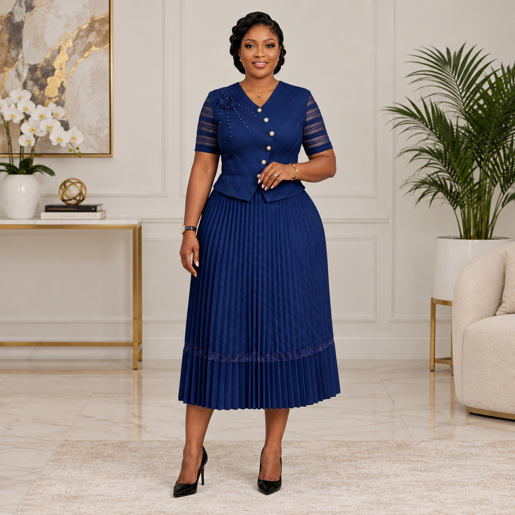 Adult Black woman wearing a navy V-neck pleated dress