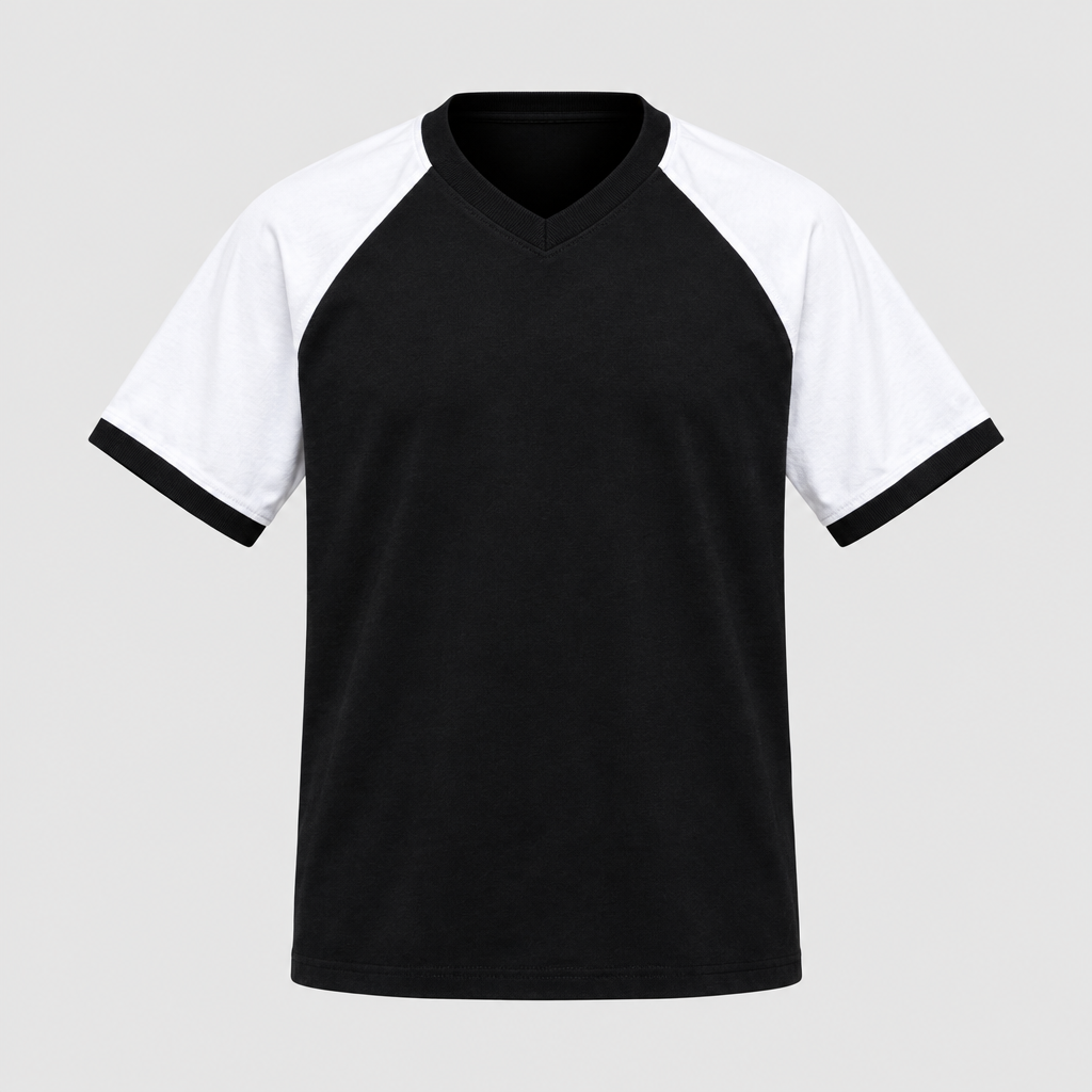 Ghost mannequin view of a black and white raglan short-sleeve shirt