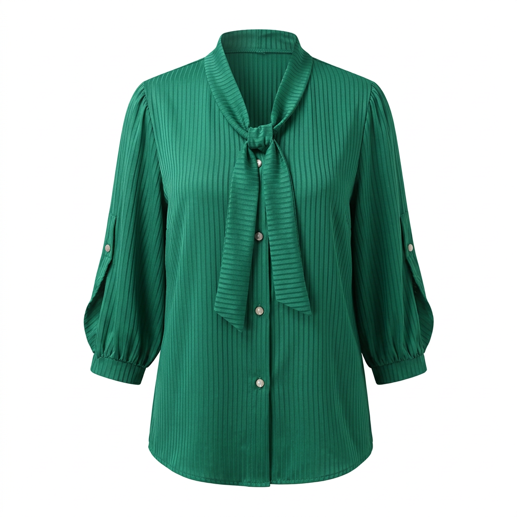 Emerald-green textured tie-neck blouse on an invisible mannequin