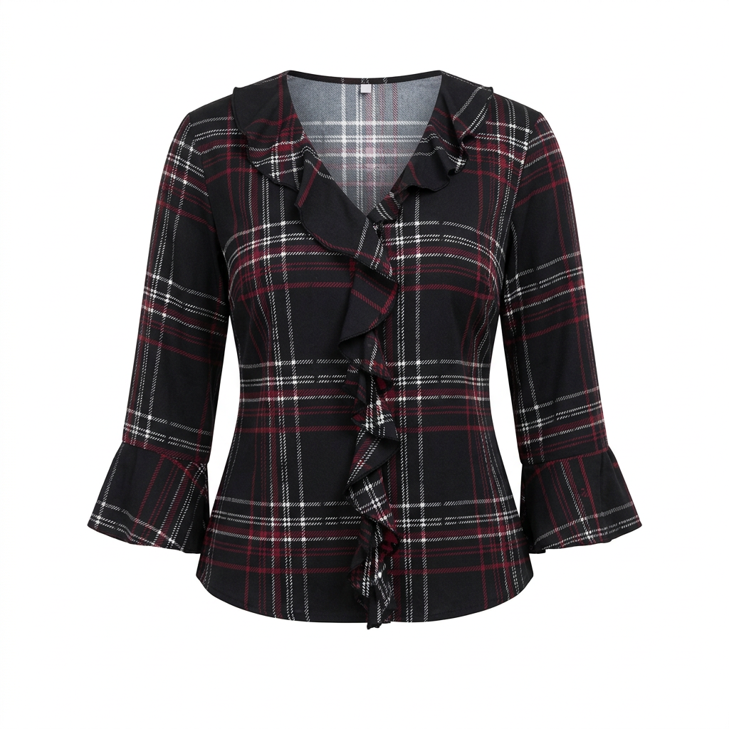 Black burgundy plaid ruffle-neck blouse on an invisible mannequin