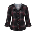 Black burgundy plaid ruffle-neck blouse on an invisible mannequin