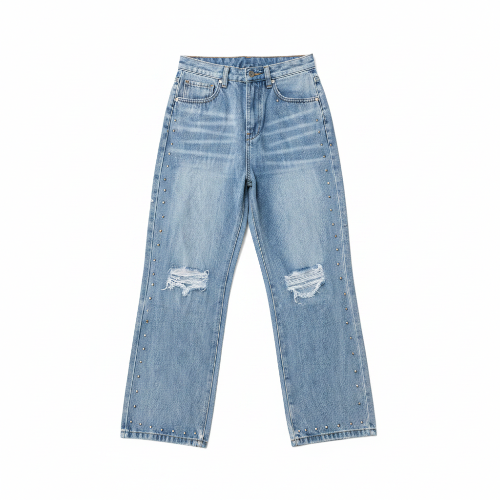 Men's light blue baggy wide-leg silver stud dual ripped knee denim jeans ghost mannequin front view