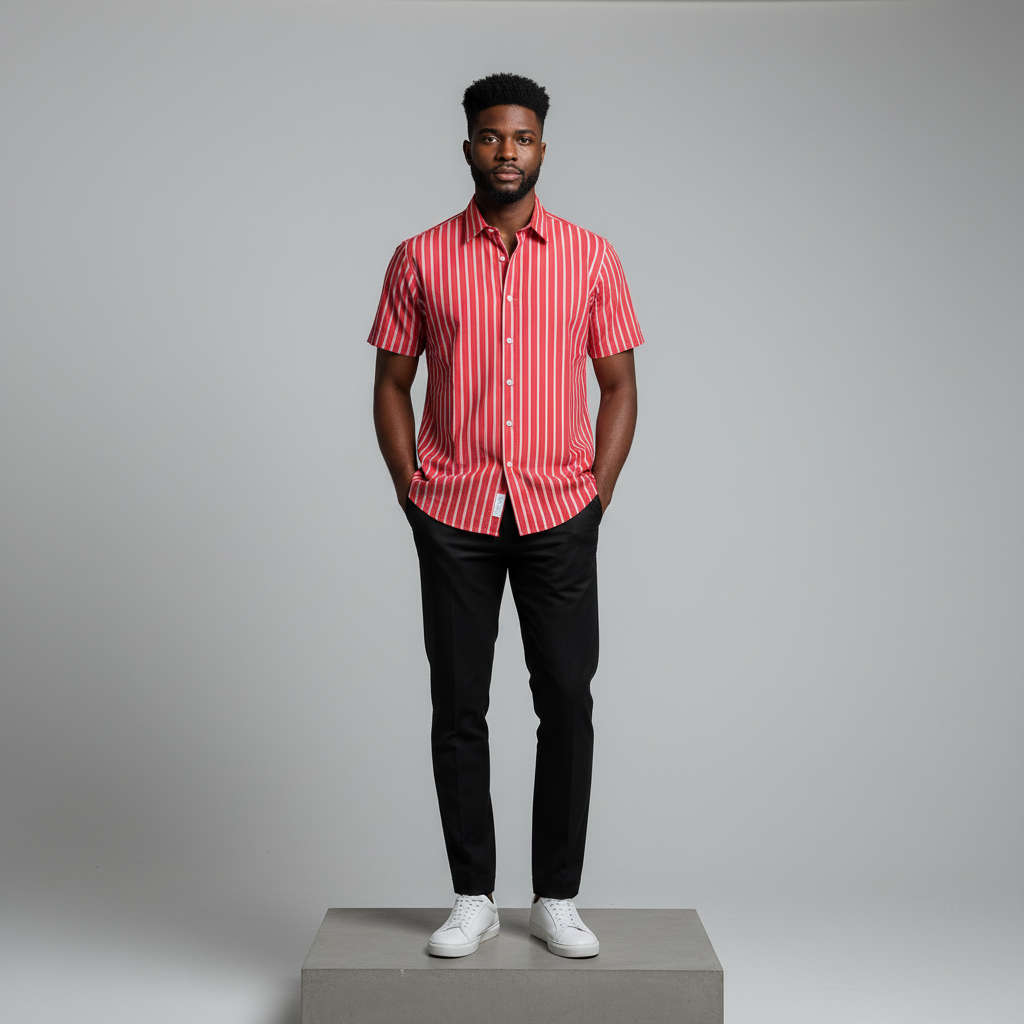 Nigerian male model wearing red and white striped short-sleeved shirt