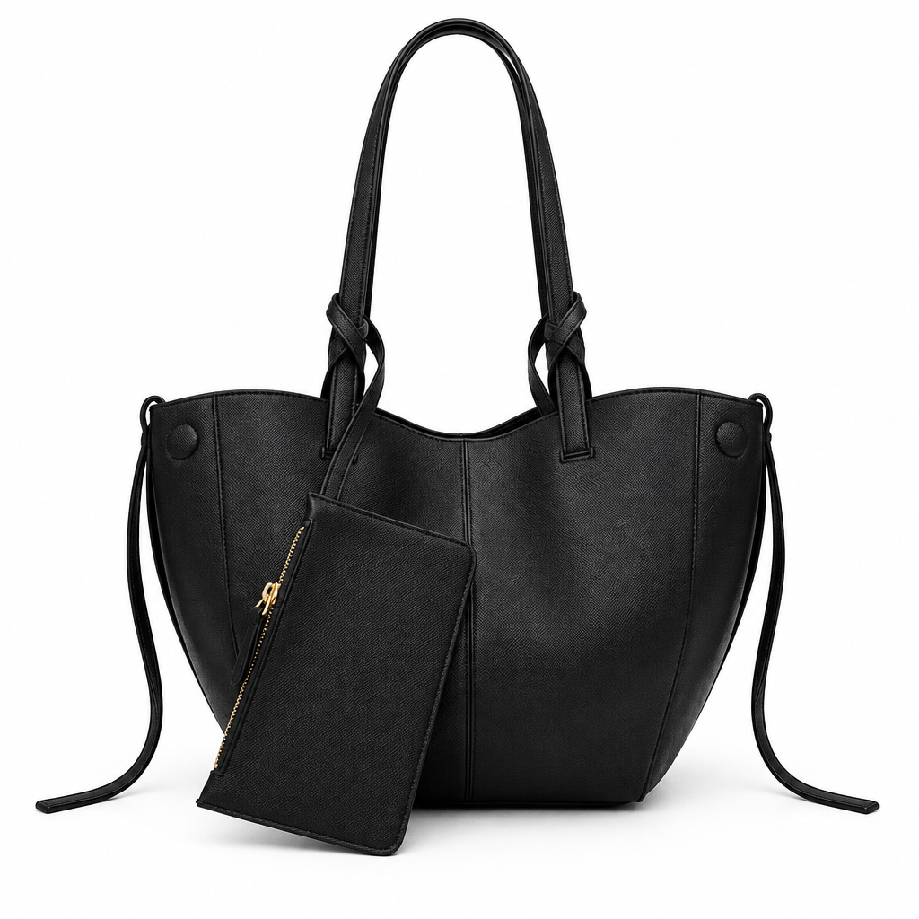 Black sculptural tote and matching zip pouch on white