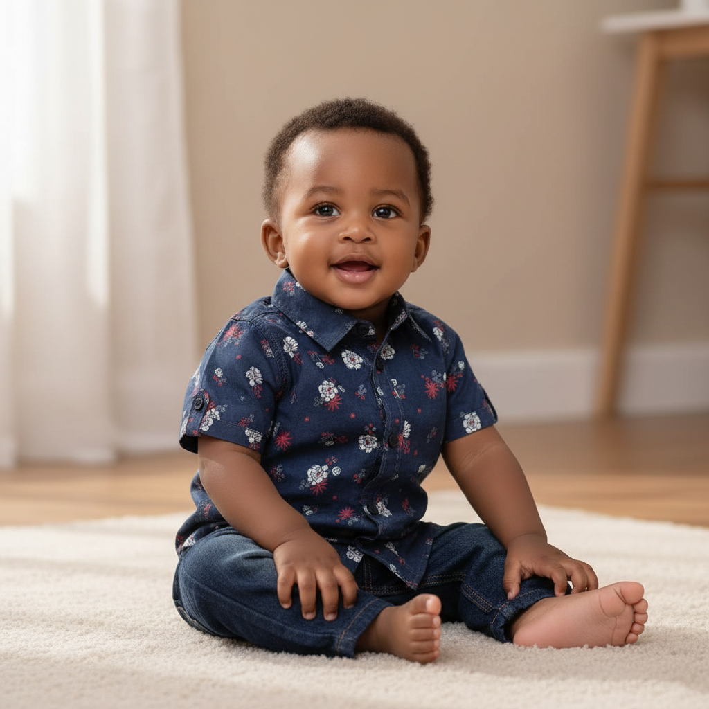 Young Nigerian baby boy wearing navy blue floral short-sleeve shirt