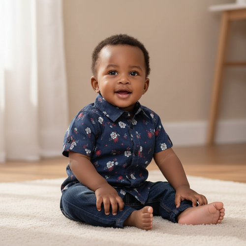 Young Nigerian baby boy wearing navy blue floral short-sleeve shirt