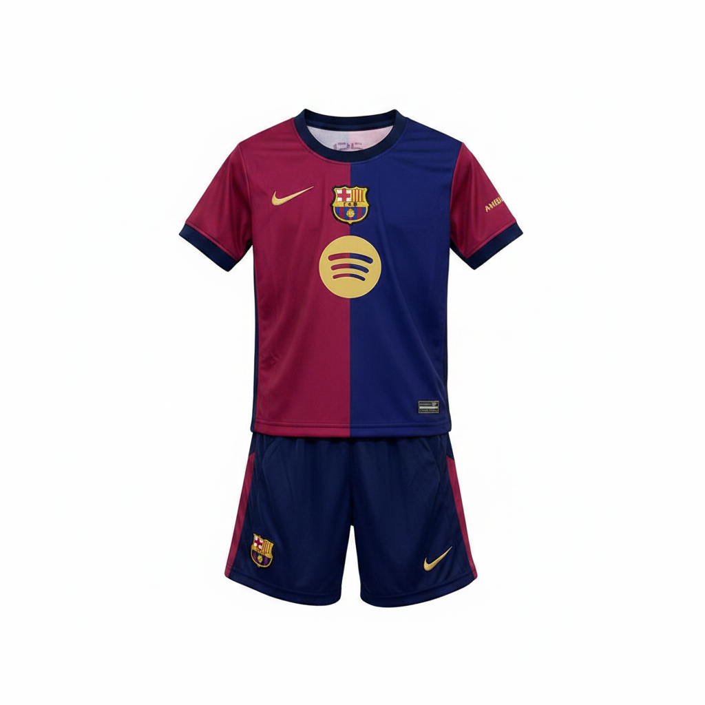 FC Barcelona kids home kit ghost mannequin — Blaugrana Nike jersey with Spotify sponsor and navy shorts