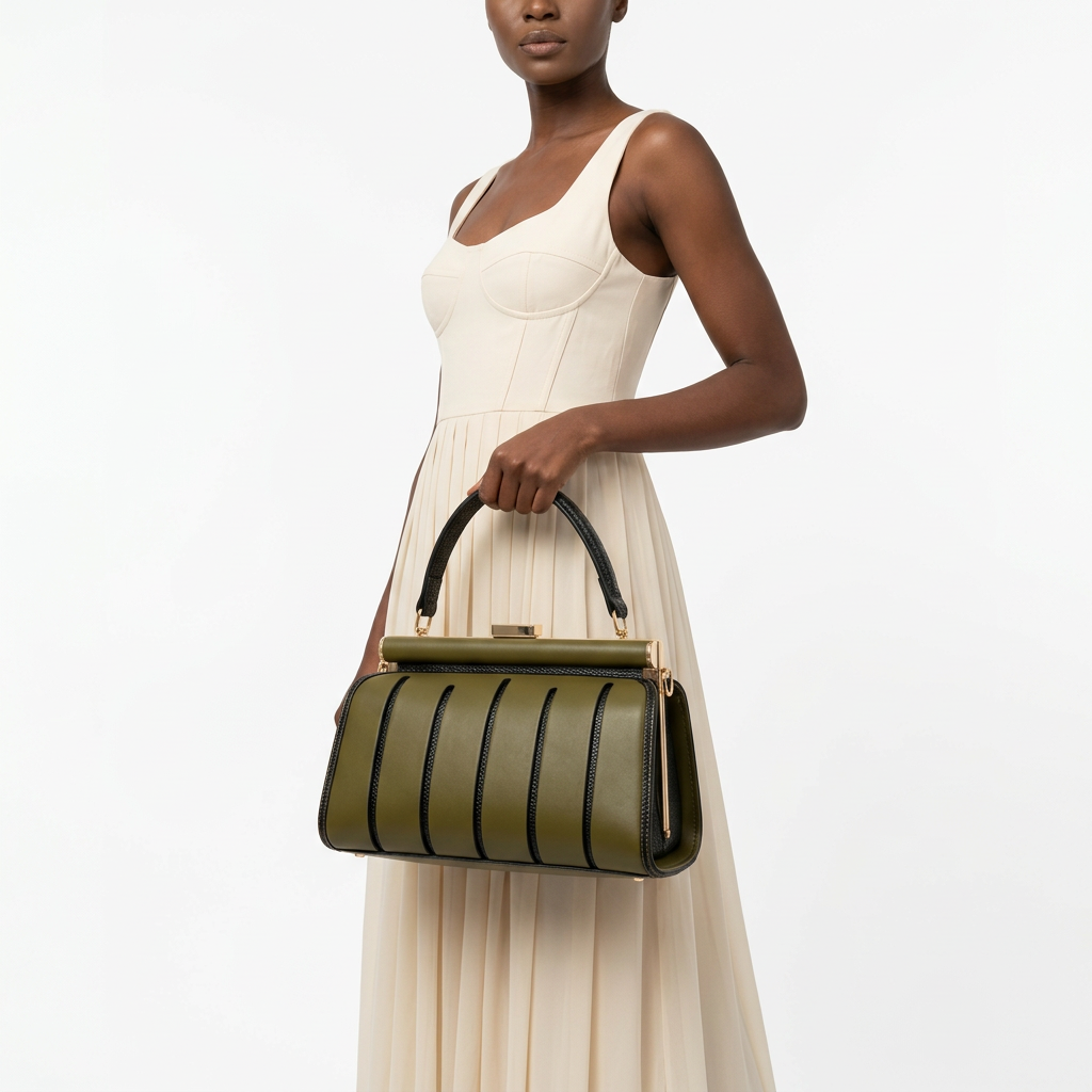 Black female model carrying an olive contrast-trim handbag on white