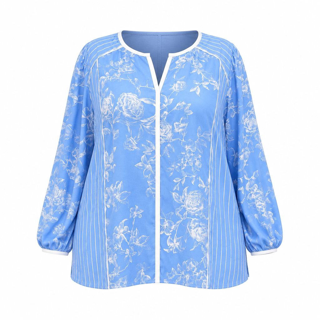 Sky blue floral pinstripe notch-neck blouse ghost mannequin