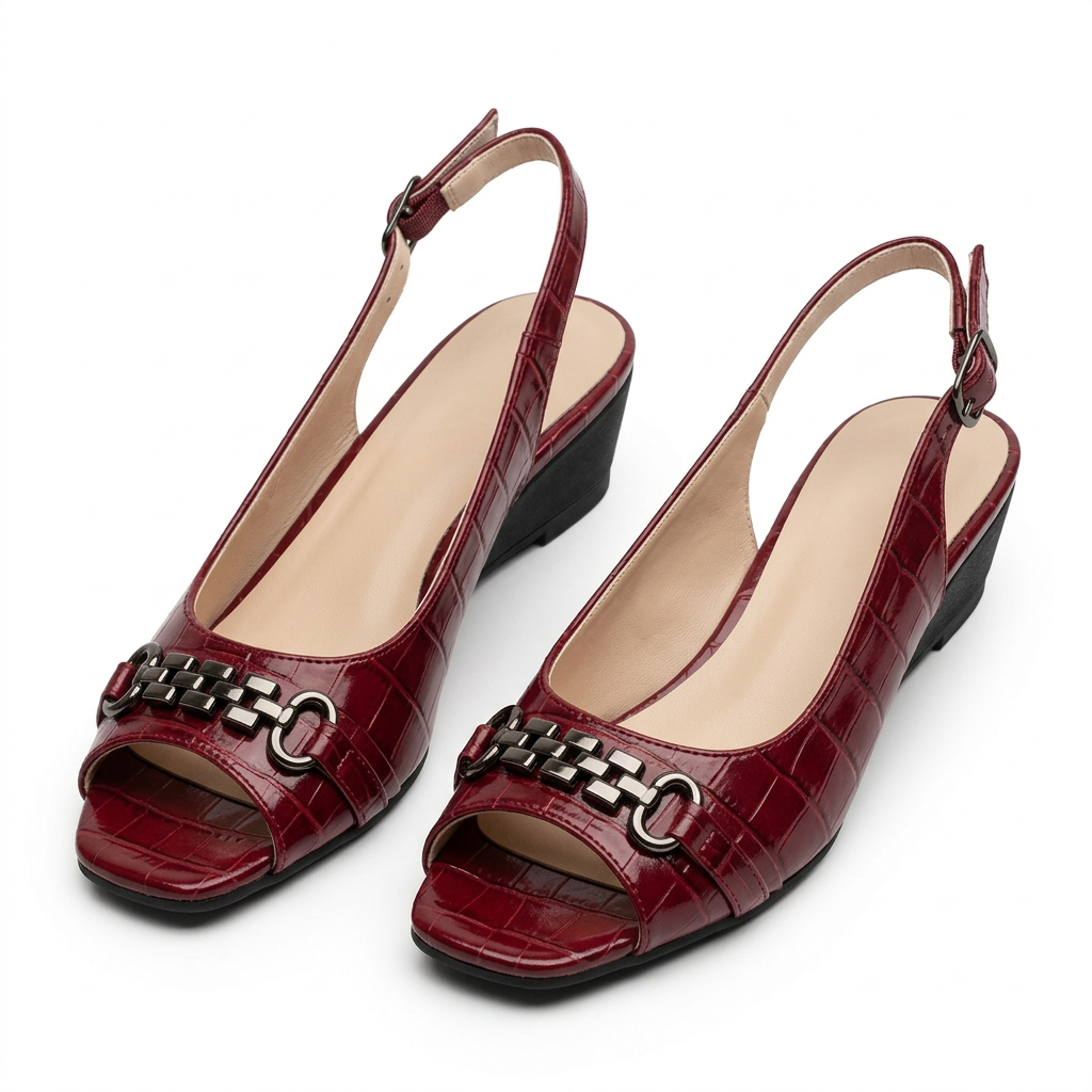 Wine croc-effect chain-detail slingback wedge pair